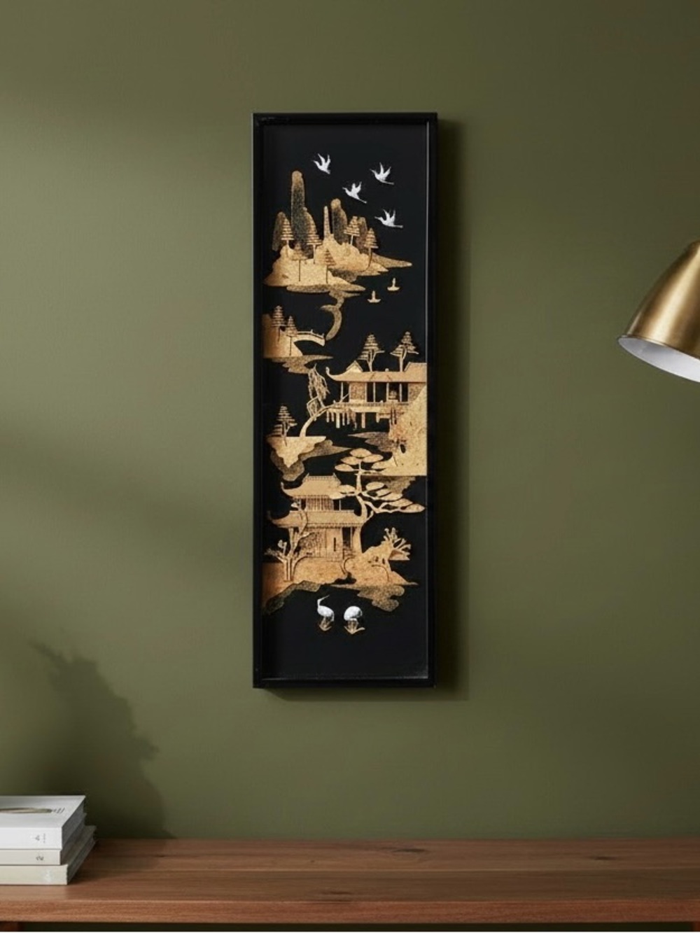 Vtg Chinese Asian Landscape Cork Diorama Wall Art  in Black Lacqered Frame 23x8”
